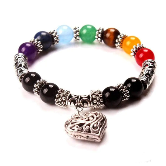 10mm Rainbow Chakra Natural Agate Heart Bracelet