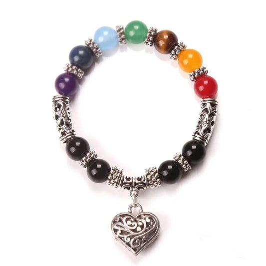 10mm Rainbow Chakra Natural Agate Heart Bracelet